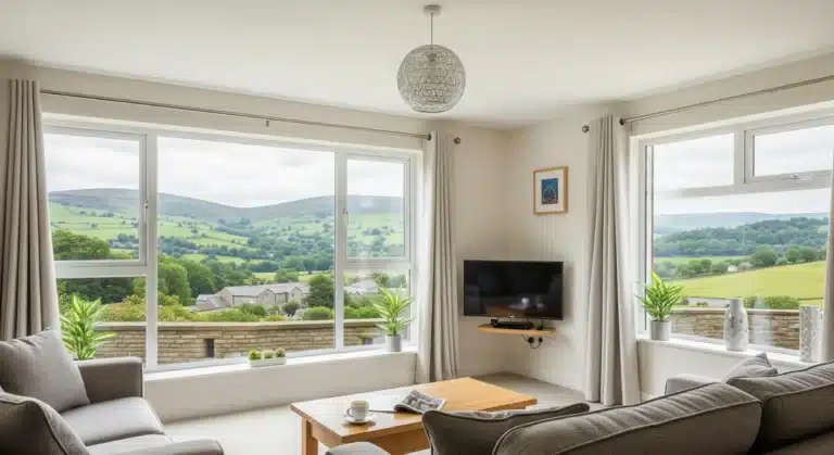 A picture of a living room with large windows and views over the hills and valleys of Calderdale and Pendle