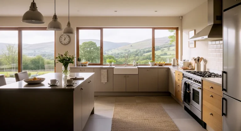 A picture of a kitchen with large windows and views over the hills and valleys of Calderdale and Pendle