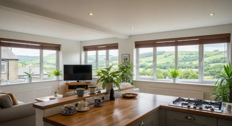 A picture of a living room with large windows and views over the hills and valleys of Calderdale and Pendle