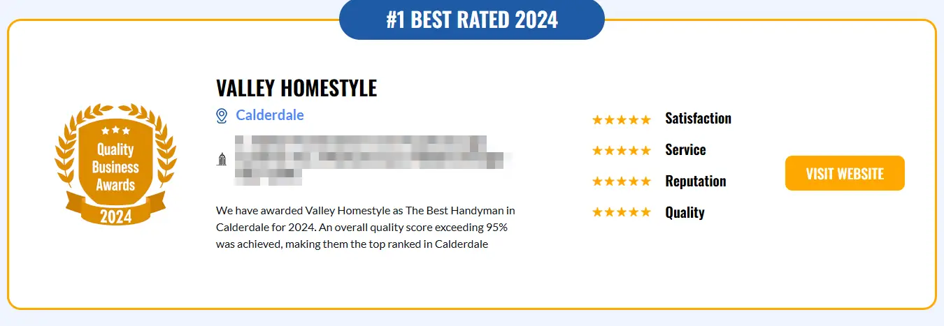 A certificate from the quality business awards declaring Valley Homestyle winner of best handyman in Calderdale for 2024
